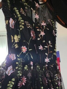 Morgan & Co. Black Mesh Dress with Multicolor Floral Embroidery